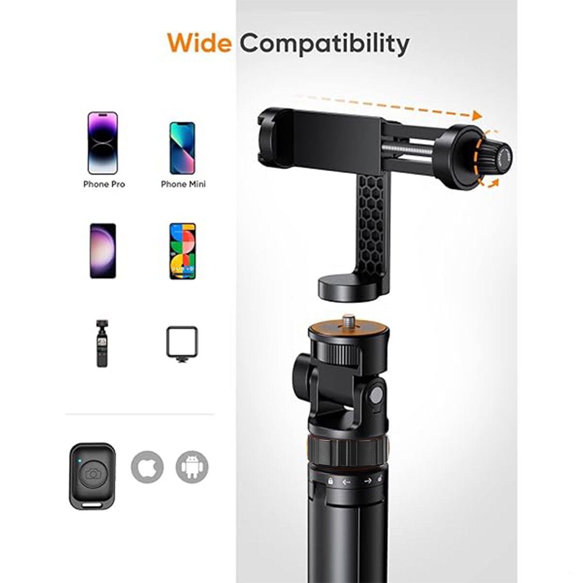 Kingjoy M080P Phone Tripod, Tripod for iPhone & Selfie Stick Tripod with Remote, Extendable Phone Tripod Stand & Travel Tripod, Solidest Cell Phone Tripod Compatible with iPhone/Android