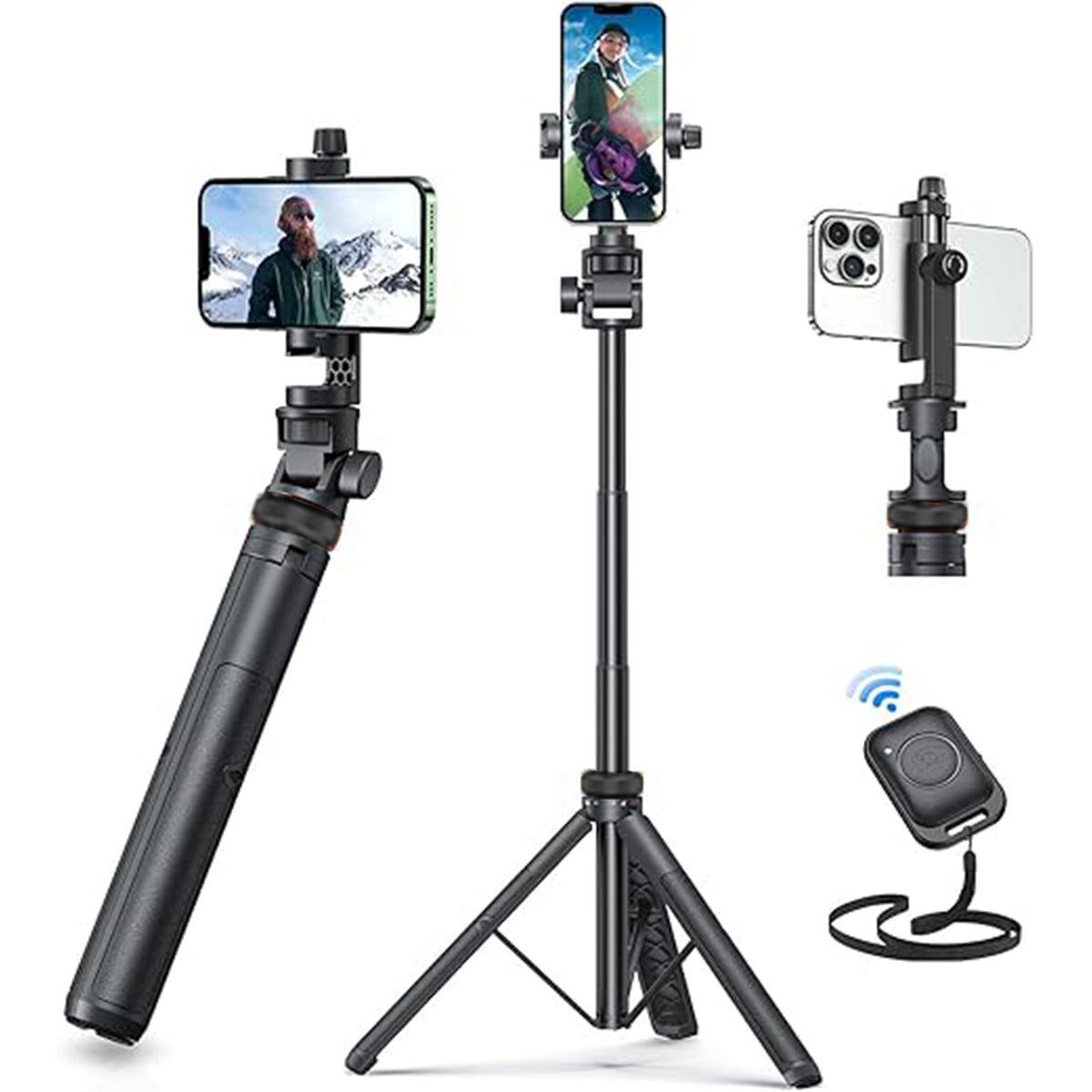 Kingjoy M080P Phone Tripod, Tripod for iPhone & Selfie Stick Tripod with Remote, Extendable Phone Tripod Stand & Travel Tripod, Solidest Cell Phone Tripod Compatible with iPhone/Android