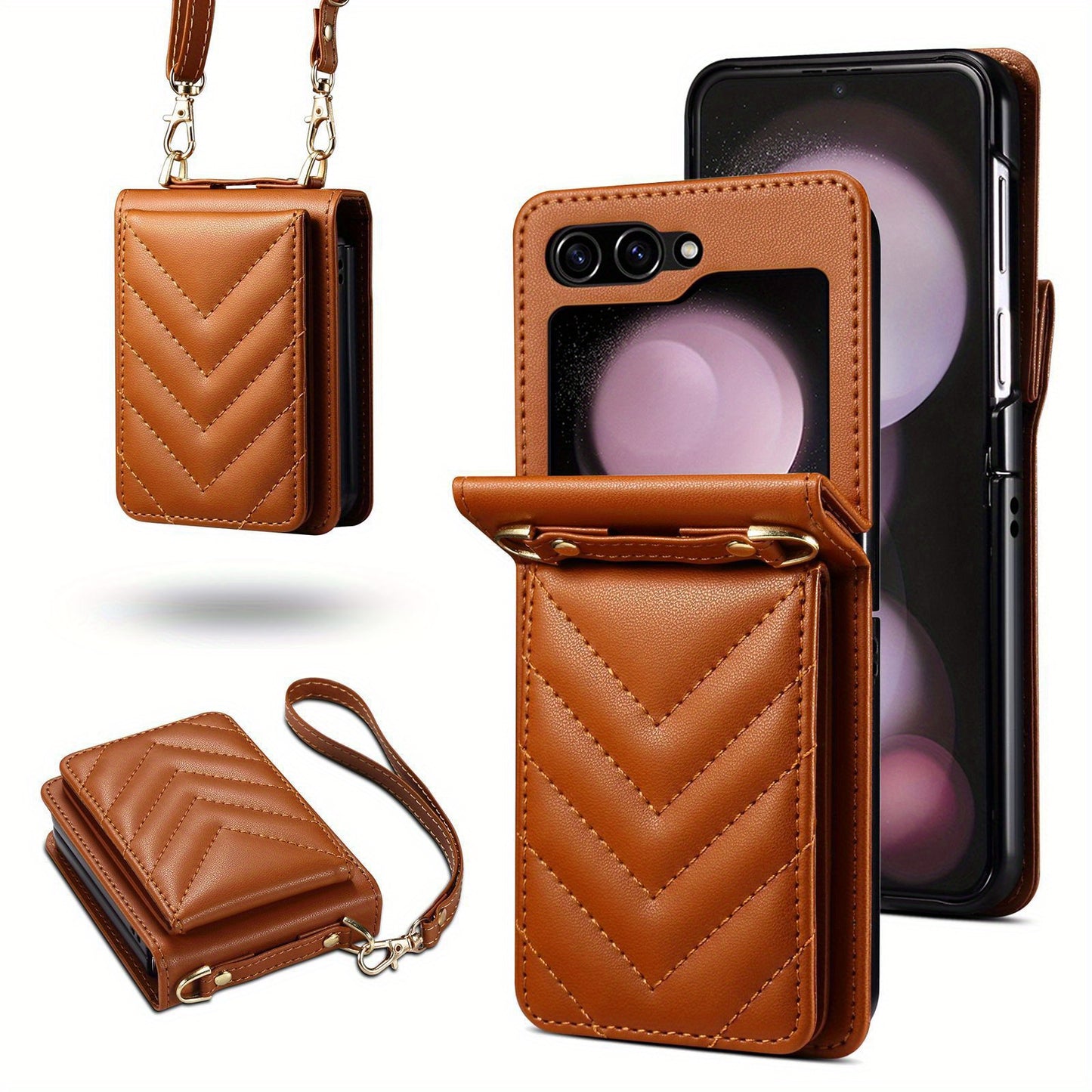 For Samsung Z Filp6 Case Foldable Leather Case Crossbody Strap
